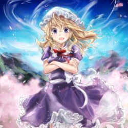  1girl blonde_hair bow commentary crossed_arms dress frilled_dress frills hat highres long_hair maribel_hearn mob_cap neck_ribbon open_mouth petals red_ribbon ribbon sash short_sleeves sleeve_cuffs solo teeth touhou upper_teeth_only uwazumi violet_eyes waist_bow white_bow white_hat white_sash wind 