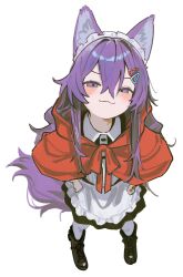  1girl :3 absurdres animal_ear_fluff animal_ears apron black_shoes blush capelet collared_shirt english_commentary hair_ornament hairclip highres looking_at_viewer maid maid_apron maid_headdress omote_m0nl original purple_hair purple_tail red_capelet shirt shoes simple_background smile solo tail violet_eyes white_background wolf_ears wolf_tail 