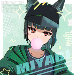  1girl animal_ears black_hair black_hat black_shirt blowing_bubble_gum character_name chewing_gum fox_ears fox_girl green_background green_jacket hat highres hoshimi_miyabi jacket looking_at_viewer piyansuke red_eyes shirt sidelocks solo star_(symbol) zenless_zone_zero 