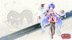  1girl ahoge baizu_(guszx) bare_shoulders black_gloves black_thighhighs blue_hair blush box breasts christmas_present closed_mouth detached_sleeves dress full_body gift gift_box gloves hair_intakes hair_ornament hairclip halterneck hat high_heels highres holding holding_box jellyfish jitome long_hair looking_at_viewer merry_christmas noa_(shironeko_project) official_art official_wallpaper red_eyes red_skirt shironeko_project side_ponytail skirt sleeveless sleeveless_dress smile solo standing thigh-highs very_long_hair white_hat 
