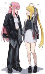  2girls absurdres aged_up ahoge ahoge_wag bag black_jacket black_pants black_shirt blonde_hair blue_eyes bocchi_the_rock! commentary_request cube_hair_ornament detached_ahoge expressive_hair gotoh_hitori hair_ornament hand_in_pocket handbag highres holding holding_bag holding_hands ijichi_nijika jacket jacket_partially_removed long_hair multiple_girls off_shoulder open_clothes open_jacket open_mouth pants pink_hair ponytail red_eyes seisyuntarotto shirt side_ahoge simple_background skirt sleeveless sleeveless_shirt translation_request very_long_hair white_background white_shirt white_skirt yuri 
