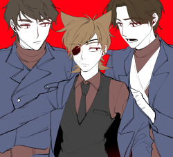  3boys alternate_costume animification antenna_hair bad_id bad_twitter_id black_necktie black_vest blue_coat brown_hair burn_scar coat collared_shirt commentary_request curtained_hair dressing_another eddsworld eko_endure expressionless eyepatch flipped_hair hair_ears inactive_account jitome korean_commentary long_sleeves male_focus military_coat military_uniform multiple_boys necktie open_mouth patryck_(eddsworld) paul_(eddsworld) red_background red_leader_(eddsworld) red_shirt red_sweater scar shirt short_hair simple_background sweater thick_eyebrows tord_(eddsworld) turtleneck vest 