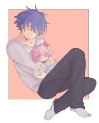  1boy black_pants blue_hair chaos;head character_doll closed_eyes doll full_body fumo_(doll) grey_shirt grey_socks highres hugging_object kiryu1835473934 long_sleeves loungewear nishijou_takumi pants pink_hair sakihata_rimi school_uniform science_adventure shirt short_hair simple_background sitting sleeping socks suimei_academy_school_uniform 