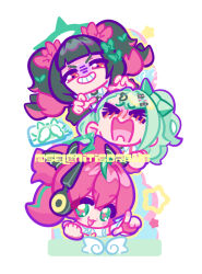  3girls :3 aria_(human)_(zenless_zone_zero) aria_(zenless_zone_zero) arm_warmers black_hair blush bow colored_inner_hair dress fingerless_gloves gloves green_bow green_eyes green_hair hair_bow hair_ornament halo looking_at_viewer multicolored_hair multiple_girls multiple_hair_clips nangong_yu open_mouth pink_hair red_eyes screaming selenitis shirt smile streaked_hair sunna_(zenless_zone_zero) too_many_bows twintails twitter_username white_background white_dress white_shirt white_wings wings zenless_zone_zero 