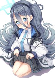  1girl absurdres aris_(blue_archive) black_hair blue_archive blue_eyes blue_necktie blush clothes_pull commentary_request hair_between_eyes hairband halo highres holding_own_skirt hoshimiya310 long_hair looking_at_viewer necktie ringed_eyes shirt simple_background skirt smile solo white_background white_shirt 