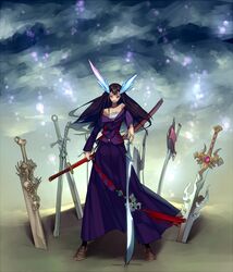  1girl bare_shoulders black_hair collarbone katana long_hair multiple_swords off_shoulder original red_eyes solo sword toramaru weapon 