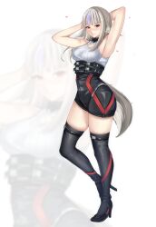  above-cleavage_cutout absurdres animal_ears blush boots clothing_cutout cosplay costume_switch fire_emblem fire_emblem_fates high_heels highres na'el_(xenoblade) purple_hair red_eyes smile succducc888 tail thigh_boots velouria_(fire_emblem) white_hair wolf_ears wolf_girl wolf_tail xenoblade_chronicles_(series) xenoblade_chronicles_3 xenoblade_chronicles_3:_future_redeemed 