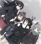  4girls ^_^ binoculars breath brown_eyes closed_eyes coat cowboy_shot dutch_angle gloves hatsushimo_(kantai_collection) headgear kantai_collection kasumi_(kantai_collection) long_hair machinery multiple_girls natsume_(na_tsumen) pink_eyes scarf short_hair skirt snowing white_gloves winter_clothes winter_coat yahagi_(kantai_collection) yukikaze_(kantai_collection) 