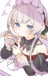  1girl bare_shoulders black_bow black_collar black_dress black_sleeves blue_eyes blush bonnet bow brown_hair closed_mouth collar commentary cup detached_collar detached_sleeves dress gem genshin_impact hair_bow hand_on_own_cheek hand_on_own_face head_rest highres holding holding_cup inaririn looking_at_viewer pout red_gem sandrone_(genshin_impact) saucer short_hair_with_long_locks signature solo teacup white_headdress wide_sleeves yellow_bow 