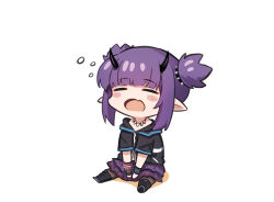  1girl arknights black_boots black_jacket black_pantyhose blush_stickers boots chibi closed_eyes demon_horns facing_viewer fang highres horns infection_monitor_(arknights) jacket jewelry lava_(arknights) mabing necklace open_mouth pantyhose pointy_ears purple_skirt shadow short_hair short_twintails sidelocks simple_background sitting skin_fang skirt sleepy solo squeans tooth_necklace twintails white_background wristband 