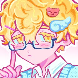  1boy adjusting_eyewear alien_stage artist_name blonde_hair blue_sweater collared_shirt colored_extremities colored_eyelashes commentary english_commentary finger_on_eyewear glasses hair_ornament highres luka_(alien_stage) male_focus polka_dot_sweater portrait shirt short_hair solo star_(symbol) sweater tsujummi very_short_hair white_shirt wing_hair_ornament yellow_eyes 