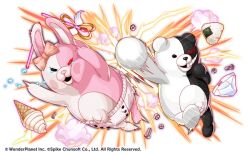  bear bow crash_fever crying danganronpa_(series) diaper food hair_bow ice_cream ice_cream_cone monokuma monomi_(danganronpa) official_art onigiri promotional_art punching rabbit screw smile stuffed_animal stuffed_toy teddy_bear third-party_source two-tone_fur underwear wand white_background 