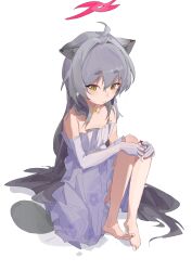  animal_ears bare_legs bare_shoulders barefoot bell blue_archive blush commentary_request dress elbow_gloves evening_gown gloves grey_hair halo jewelry lirn long_hair looking_down michiru_(blue_archive) neck_bell raccoon_ears raccoon_girl raccoon_tail ring simple_background sitting smile tail very_long_hair white_background white_dress yellow_eyes 