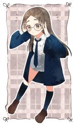  1girl absurdres adjusting_eyewear ankle_socks bent_over blue_coat blue_necktie blue_socks blush brown_eyes brown_hair brown_shoes buttons coat collared_shirt commentary_request dutch_angle forehead frilled_shirt_collar frills full_body gakuen_idolmaster glasses grey_skirt hands_on_own_head hatching_(texture) highres idolmaster kemi_(0potecat0) kuramoto_china long_coat long_sleeves necktie parted_bangs puckered_lips puffy_long_sleeves puffy_sleeves raised_eyebrows shirt shirt_tucked_in shoes short_eyebrows simple_background skirt socks sparkle spread_legs white_shirt 
