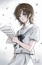  1girl aqua_eyes arm_at_side belt black_bow black_bowtie blue_belt bow bowtie brown_hair buttons chinese_commentary commentary_request double-breasted falling_petals fatal_frame fatal_frame:_mask_of_the_lunar_eclipse floral_print frilled_sailor_collar frilled_shirt frills gradient_background grey_background hand_up highres holding holding_paper light_smile looking_at_object minazuki_ruka paper parted_lips petals print_bow print_bowtie rr_(ellyandriko) sailor_collar school_uniform serafuku sheet_music shirt short_hair short_sleeves skirt solo standing two-tone_belt upper_body watermark white_belt white_sailor_collar white_serafuku white_skirt 