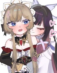  2girls anger_vein bare_shoulders black_collar black_hair black_sleeves blue_eyes blush bonnet brown_hair closed_eyes closed_mouth collar columbina_(genshin_impact) commentary_request detached_collar detached_sleeves dress genshin_impact hair_ornament hair_ribbon head_wings heart hi_suix2 highres hug hug_from_behind long_hair long_sleeves multicolored_hair multiple_girls multiple_wings open_mouth purple_hair purple_streaks ribbon sandrone_(genshin_impact) short_hair_with_long_locks simple_background smile streaked_hair two-tone_hair very_long_hair white_background white_dress white_wings wing_hair_ornament wings yuri 