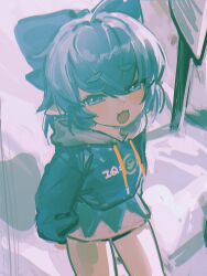  :3 ahoge arms_behind_back blue_eyes blue_hair blue_hoodie blush bow cirno dot_nose english_commentary fang hair_between_eyes hair_bow happy highres hood hood_down hoodie looking_at_viewer medium_hair no_pants omote_m0nl open_mouth pointy_ears skin_fang thighs touhou 