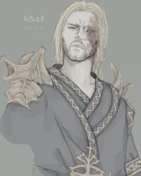  1boy armor beard_stubble black_robe blonde_hair blue_eyes burn_scar dated facial_hair gold_trim grey_background highres long_hair looking_at_viewer male_focus miraak no_mask robe scar shoulder_armor solo stubble the_elder_scrolls the_elder_scrolls_v:_skyrim upper_body yellow_eyes yoiiru 