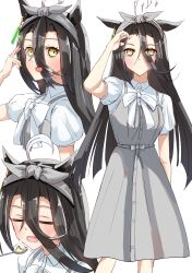 1girl ahoge animal_ears black_hair blush bow bow_hairband closed_eyes closed_mouth collared_shirt dress ear_tag earrings grey_dress grey_hairband hair_between_eyes hairband highres horse_ears horse_girl jewelry long_bangs long_hair long_hair_between_eyes looking_at_viewer manhattan_cafe_(umamusume) multicolored_hair multiple_views official_alternate_costume open_mouth shirt short_sleeves simple_background single_earring sleeveless sleeveless_shirt spoon umamusume umayonyosi very_long_hair white_background white_bow white_hair white_shirt yellow_eyes 