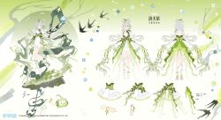  1girl bare_shoulders barefoot bird bow bracelet braid breasts closed_mouth detached_sleeves dress flower full_body green_background green_dress green_eyes green_theme grey_hair hair_flower hair_ornament highres jewelry long_hair long_sleeves luo_tianyi multiple_views non-web_source official_alternate_costume reference_sheet ribbon see-through_clothes see-through_sleeves source_request vocaloid vsinger_(vocaloid) watermark wide_sleeves 