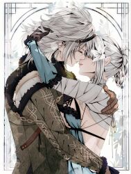  absurdres bandaged_arm bandaged_neck bandages blue_negligee braid braided_hair_rings couple hair_rings highres kaine_(nier) kiss negligee nier nier_(brother) nier_(brother)_(post_timeskip) nier_(series) shanlieart single_bare_shoulder white_hair 