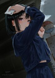  1girl black_hair blue_neckerchief blue_serafuku blush breasts grey_sky highres looking_at_viewer medium_hair midriff_peek neckerchief original outdoors pleated_skirt sailor_collar school_uniform serafuku skirt sky small_breasts solo standing viewpoint_(ie_moto) violet_eyes 