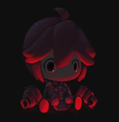  1girl ahoge black_background black_shirt branchpuzzle chibi chibi_only collared_shirt dark detached_sleeves drill_hair expressionless kasane_teto legs_apart no_mouth red_theme severed_hair shirt short_hair sitting sleeveless sleeveless_shirt solo twin_drills underlighting utau wide-eyed 