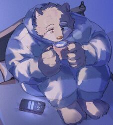  1boy animal_ears bear_boy bear_ears cellphone claws commentary_request cup furry furry_male grey_fur highres holding holding_cup jambavan_(housamo) looking_down male_focus mug on_bed onesie phone sitting suna_sand1 tokyo_afterschool_summoners 