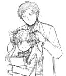  1boy 1girl bow gekkan_shoujo_nozaki-kun hair_bow height_difference monochrome nasuka_(pixiv390432) nozaki_umetarou sakura_chiyo sketch smile 