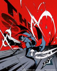  1boy amamiya_ren black_coat black_hair black_mask black_pants btmr_game coat dagger dual_wielding english_text full_body glint gun holding holding_dagger holding_gun holding_knife holding_weapon joker_(persona_5) knife mask pants persona persona_5 red_background short_hair solo_focus standing weapon 
