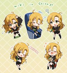  1girl :o ;d ? absurdres ahoge arm_up black_shoes blonde_hair blush chair chibi chibi_only closed_eyes commentary_request food food_on_face green_eyes grid_background highres holding holding_food hoshii_miki idolmaster idolmaster_(classic) long_hair long_sleeves meno_(imas_ll) multiple_views on_chair one_eye_closed open_mouth outline shoes single_fishnet_legwear sitting sleeping smile standing white_outline 