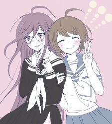  2girls antenna_hair black_shirt black_skirt blue_sailor_collar blue_skirt blush brown_hair closed_eyes closed_mouth collared_shirt commentary_request danganronpa_(series) danganronpa_another_episode:_ultra_despair_girls eyelashes fukawa_toko glasses hair_between_eyes highres ichi_1123 locked_arms long_hair long_sleeves mole mole_under_mouth multiple_girls naegi_komaru neckerchief necktie open_mouth pink_background purple_hair sailor_collar school_uniform serafuku shirt short_hair short_sleeves simple_background skirt torn_clothes torn_neckerchief torn_skirt v very_long_hair violet_eyes white_necktie white_sailor_collar white_shirt 