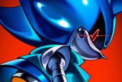  1boy beak black_eyes black_sclera colored_sclera from_side glowing glowing_eye gradient_background humanoid_robot joints looking_at_viewer male_focus metal_sonic no_mouth one-eyed pointy_nose red_background red_eyes robot robot_joints simple_background solo sonic_(series) t0t0mopann upper_body 