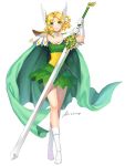  1girl bad_id blonde_hair boots briska cape crossed_legs_(standing) female full_body gloves green_cape green_eyes head_wings holding holding_sword holding_weapon hououji_fuu looking_at_viewer magic_knight_rayearth parted_bangs parted_lips short_hair simple_background skirt smile solo standing sword weapon white_background white_boots white_footwear white_gloves winged_hairband 