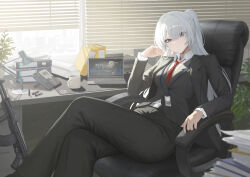  1girl absurdres ak-15 ak-15_(erwin)_(girls'_frontline) ak-15_(girls'_frontline) assault_rifle black_jacket black_pants black_suit business_suit chair commentary crossed_legs formal_clothes girls'_frontline_2:_exilium girls_frontline grey_hair gun hair_over_one_eye heine_(haloo1101) highres indoors jacket kalashnikov_rifle long_hair looking_at_viewer necktie office_chair official_alternate_costume official_alternate_hairstyle on_chair pants ponytail red_necktie rifle shirt sitting solo suit suit_jacket swivel_chair violet_eyes voymastina_(girls'_frontline_2) weapon white_shirt 