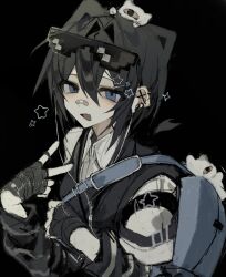  1girl backpack bag bandaid bandaid_on_face bandaid_on_nose barbell_piercing black_background black_gloves black_hair black_vest blue_bag blue_eyes charm_(object) collared_shirt dot_nose double-parted_bangs ear_piercing fang gloves hair_intakes hair_ornament highres in-ear_earphones medium_hair open_mouth original piercing shirt shoulder_strap simple_background solo star_(symbol) star_hair_ornament v vest white_shirt 