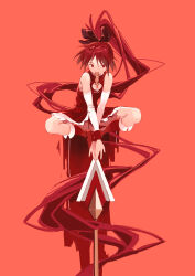  1girl absurdres bare_shoulders boots bow chinese_commentary commentary_request detached_sleeves full_body hair_bow highres knees_apart_feet_together long_hair looking_at_viewer magical_girl mahou_shoujo_madoka_magica minisons mouth_hold polearm ponytail red_background red_boots red_eyes red_hair red_shirt red_theme sakura_kyoko sakura_kyoko_(magical_girl) shirt sitting sitting_on_weapon solo spear very_long_hair weapon 