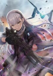  1girl ak-alfa_(girls'_frontline) assault_rifle asukamama89 black_coat black_gloves coat commentary_request dress drone expressionless girls'_frontline_2:_exilium girls_frontline gloves gun headgear highres holding holding_gun holding_weapon long_hair looking_at_viewer open_clothes open_coat pantyhose rifle serious solo thigh_strap thighs tololo_(girls'_frontline_2) very_long_hair weapon white_hair yellow_eyes 