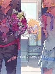  1boy 1girl 2girls absurdres andrich_galam bed black_hoodie black_pants blonde_hair book bouquet brother_and_sister closed_mouth commentary english_commentary eyes_out_of_frame flower gladion_(pokemon) hair_over_one_eye head_out_of_frame highres holding holding_book holding_bouquet hood hoodie hospital hospital_bed hospital_gown lillie_(pokemon) long_hair long_sleeves lusamine_(pokemon) mother_and_child mother_and_daughter mother_and_son multiple_girls open_mouth pants parent_and_child pokemon pokemon_sun_and_moon pokemon_ultra_sun_and_ultra_moon shirt short_hair short_sleeves siblings skirt smile torn_clothes torn_hoodie torn_pants very_long_hair white_shirt white_skirt 