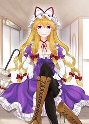  1girl black_legwear blonde_hair blush boots breasts brown_boots choker cleavage crossed_legs dress elbow_gloves frilled_dress frills gloves hair_ribbon hat hat_ribbon long_hair looking_at_viewer meet mob_cap pantyhose parasol payot puffy_short_sleeves puffy_sleeves purple_dress ribbon ribbon_choker short_sleeves sitting solo sweat touhou tying_shoes umbrella violet_eyes white_gloves yakumo_yukari 