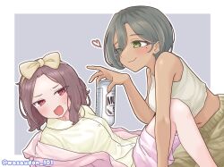  2girls beer_can blonde_hair bow brown_hair can commentary_request dark-skinned_female dark_skin drink_can ebizuka_tomo girls_band_cry hair_between_eyes hair_bow holding holding_can medium_hair mole mole_under_eye multiple_girls navel open_mouth red_eyes rupa_(girls_band_cry) shirt short_hair shorts tan tank_top wasaudon_101 white_tank_top yellow_bow yellow_shirt yuri 