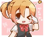  &gt;_o 1girl :d blonde_hair bloom2425 blue_eyes blush_stickers character_name chibi gloves kantai_collection maikaze_(kantai_collection) neck_ribbon one_eye_closed open_mouth pink_background ponytail ribbon scrunchie smile star translated v_over_eye vest 