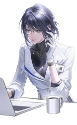  1girl black_hair chief_(path_to_nowhere) chinese_commentary coffee_mug commentary_request computer cup desk feichuan02 female_chief_(path_to_nowhere) glasses gloves hand_up highres laptop long_sleeves mug official_alternate_costume official_alternate_hairstyle path_to_nowhere sitting solo turtleneck upper_body white_background white_gloves 