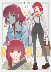  1girl bag bass_guitar beer_bottle black_pants blush bocchi_the_rock! bottle bow bowtie braid brown_shoes choq3 collared_shirt commentary_request earrings english_text flower green_shirt handbag highres hiroi_kikuri holding holding_bass_guitar holding_instrument instrument jewelry long_hair long_sleeves looking_at_viewer multiple_views orange_bow orange_bowtie pants red_eyes red_hair shirt shoes shopping_bag sidelocks single_braid single_earring smile spaghetti_strap sparkle suspenders white_shirt 