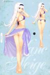  1girl absurdres armlet ass bare_legs barefoot bikini blanc_neige from_behind full_body hairband highres looking_back purple_bikini redhead sarong scan shining_(series) shining_hearts side-tie_bikini smile solo string_bikini swimsuit taka_tony tanaka_takayuki thong_bikini white_hair 