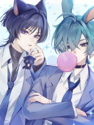  2boys :p absurdres alternate_costume animal_ears animalization aqua_hair artist_name avesaoi bishounen black_choker black_hair black_shirt blue_background blue_necktie blunt_ends cat_boy cat_ears chewing_gum choker collared_shirt colored_eyelashes contemporary crossed_arms crossed_bangs eyelashes eyeliner fingernails formal_clothes genshin_impact gold_ring hair_between_eyes hair_intakes hand_on_own_arm hand_up highres holding jacket layered_sleeves lohen_(genshin_impact) looking_at_viewer makeup male_focus middle_ring multiple_boys necktie open_clothes open_jacket person_and_animalization purple_jacket purple_sleeves rabbit_boy rabbit_ears red_eyeliner red_pupils scaramouche_(cat)_(genshin_impact) scaramouche_(genshin_impact) shirt suit_jacket tongue tongue_out tsurime turtleneck turtleneck_shirt twitter_username undershirt violet_eyes white_shirt white_sleeves wispy_bangs 