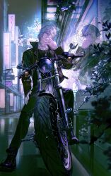  1boy absurdres alien_stage bantian_daxi black_boots black_jacket black_pants black_shirt boots chinese_commentary cigarette city commentary_request grey_hair highres jacket male_focus motor_vehicle motorcycle on_motorcycle pants shirt short_hair smoke solo till_(alien_stage) watermark 