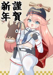  1girl absurdres azur_lane bandaid bandaid_on_face blue_eyes blue_necktie capelet chinese_zodiac commentary_request custodian_helmet gallant_(azur_lane) helmet highres long_hair looking_at_viewer midriff navel necktie open_mouth pantyhose pink_hair police police_uniform policewoman red_capelet shorts solo super_mizow swept_bangs whistle whistle_around_neck white_pantyhose white_shorts year_of_the_horse 