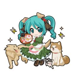  1girl :d animal_ears animated animated_png apron black_outline blinking blush boots bow brown_boots brown_bow cake chibi chibi_only chihuahua closed_mouth cookie cup curled_ends disposable_cup dog dog_ears dog_girl dog_tail dress extra_ears food frilled_apron frills full_body game_asset golden_retriever green_dress hair_between_eyes hair_bow hatsune_miku hatsune_miku_graphy_collection holding holding_tray juliet_sleeves kemonomimi_mode lace-up_boots long_sleeves looking_at_viewer necktie open_mouth outline petticoat puffy_sleeves red_necktie shiba_inu smile solo sparkle standing tail transparent_background tray twintails vocaloid waitress white_apron 