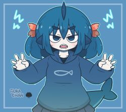  1girl blue_background blue_eyes blue_hair blue_hoodie character_name claw_pose commentary_request fins fish_tail fuka-chan grey_skirt hair_between_eyes head_fins highres hood hood_down hoodie looking_at_viewer open_mouth original pleated_skirt sea_urchin shark_tail sharp_teeth short_eyebrows skirt solo tail teeth thick_eyebrows uni_souchou v-shaped_eyebrows 